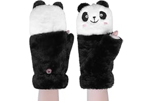 IPENNY Girls Boys Panda Pattern Thermal Gloves Thicken Furry Winter Gloves Mittens Christmas Cycling Gifts for Kids Warm Soft Animal Gloves with Anti-lost String Outdoor Handwarmer for Bike Skiing Camping