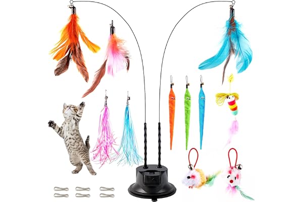 EASY JOY Jouet Chat Interieur, interactifs pour Chats avec 2 Baguette Magique et 10 Plumes avec Cloche,1 Jouets Suspendus, Ventouse Double Trou