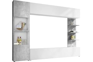 ‎MIRJAN24 Mirjan24 Wohnwand Lazando, Anbauwand, Mediawand, Schrankwand bestehend aus Hängeschrank, Vitrine, TV-Lowboard und Wandregal (Weiß/Beton)