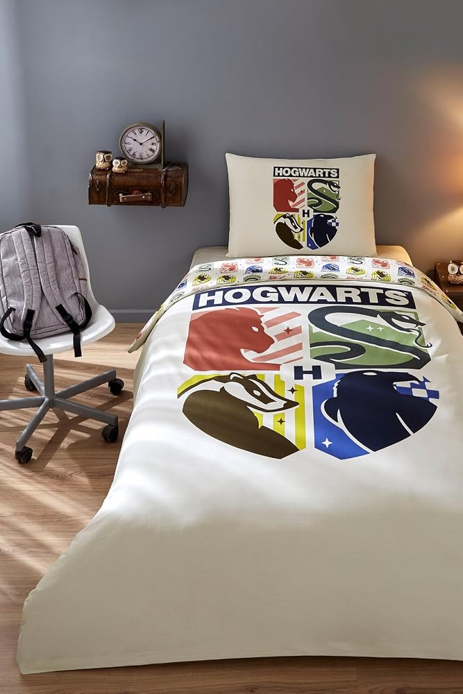 ÖZDİLEK Harry Potter Hogwarts Tek Kişilik Lisanslı Lastikli Çocuk Nevresim Takımı,Çok Renkli 160 X 220