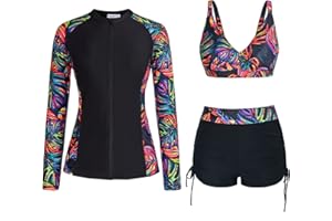 JASAMBAC Womens Rash Guard UV UPF 50+ Long Sleeve Zip Up 3 Piece Swimsuit Boyshort with Bikini Set