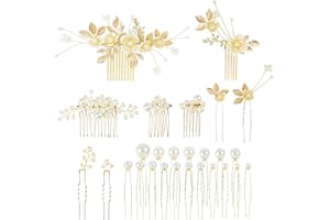 Cinaci 27 Pack Sparkly Glitter Gold Rhinestone Pearl Leaf Flower Bridal Metal Hair Side Combs+U-shaped Hair Pins Clips Barrettes Headpieces Wedding Hair Accessories for Women Brides Bridesmaids Girls