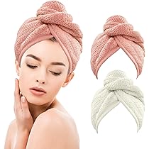 2 Asciugamani Turbante Microfibra - Super Assorbenti, 25x65 Cm, Con Bottoni, Bianco E Rosa Chiaro - Foto 5