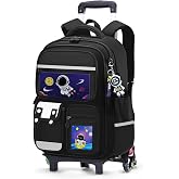 Amythe Mochila Escolar con Ruedas Ni&ntilde;os con Bandas Reflectantes, Negro | Mochilas Infantil con Carro Desmontable 6 Ruedas, 20