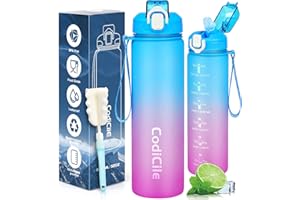 CodiCile Gourde 1l,Gourde de sport avec paille et marqueur de temps, gourde 1l sans BPA,Bouteille d'eau inspirante étanche pour courir, faire du vélo, gymnase, école et Bureau,Bottle