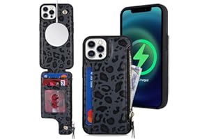 SailorTech iPhone 12/12 Pro Etui mit Kartenhalter mag Safe, iPhone 12/12 Pro Hülle mit Reißverschluss Kartenfach Geldbörse für iPhone 12/12 Pro Handyhülle Lederhülle - Schwarzer Leopard