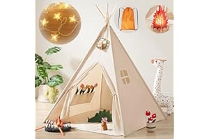Tipi Tente pour Enfants avec Lumières & Jouet de Feu de Camp & Sac de Transport, Lavable Toile de Coton Naturel -Tente Enfant Interieur, Tipi Exterieur Enfant pour Filles et Garçons