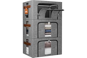 NiuBeBe Aufbewahrungsbox kleidung Faltbar Metallrahmen: Stapelbare Aufbewahrungstasche mit Deckel für Kleiderschrank Organizer Storage Pullover Saisonkleidung Bettwäsche (Grau 3x66L)