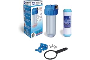 Filtro de agua Declorador GAC 10”. Incluye Caso de 10", Soporte de Pared, Llave para cambio de Cartuchos o Filtro y Cartucho Declorador. Fácil Instalación y Mantenimiento. Bbagua.