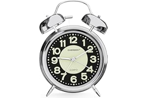CHEREEKI Sveglia Analogica da Comodino Vintage Doppia Campana Allarme Forte Rumoroso con Luce Notturna e Fluorescente Batteria (Incluse le Batterie)