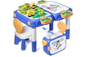 fygurso Toddler Table and Chair set, Sand/Water/Sensory/Rideable Building Block Kids Table and Chairs with 90 Pcs Compatible Large Bricks, Kids Activity Table with Storage, STEM Toys for Kids Ages 3+
