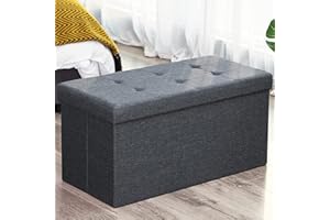 OUNUO Folding Storage Ottoman Box, Fine Linen Fabric Padded Foldable Bench, Chest with Lid, 80L Footstool Seat Toy Box Storage for Bedroom, Hallway, Living Room, Dark Grey, 76x 38 x 38 cm