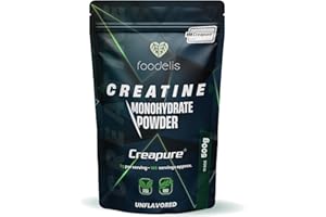 Foodelis Creatina creapure 500g en polvo - 100% creatina monohidratada creapure - Sin sabor, No-GMO, Vegano, Pura sin aditivos -Incluye dosificador - Alta solubilidad