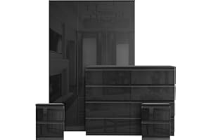 Blisswood High Gloss 4 Piece Bedroom Set With 3 Door Wardrobe & 8 Drawer Chest of Drawer + 2 Drawer 2 Bedside Table Cabinet Bedroom Furniture Set for Bedroom Storage furniture (Black)