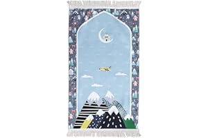 Windplusya Gebetsteppich für Kinder, 19.7x35.4 in Muslimischer Cartoon-Quasten-Gebetsteppich, Weicher Dicker Muslimischer Gebetsteppich Eid-Geschenk für Jungen/Mädchen. (Grey Mountains)