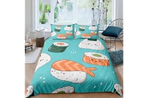 Homewish Juego de funda de edredón de sushi para niños, funda de edredón de estilo japonés, tamaño individual, juego de ropa de cama con temática de comida kawaii para adolescentes, niñas, adultos,