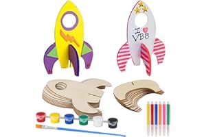 Fyihoxi 18 Stück Raketen Spielzeug für Kinder, 10pcs Raketen Holz+6pcs Wasserfarben Stifte+1pcs Pinsel+ 1pcs Aquarellfarbe(6 farben), Bastelset Holz für Kindergeburtstag