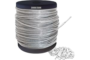 JAHOMFAI 3mm 304 Wire Rope Stainless Steel Wire Cable 30m Length 7x7 Cross Section 517kg Breaking Load stainless steel cable with 30 Pcs Aluminum Crimping Clamps Loop Sleeve