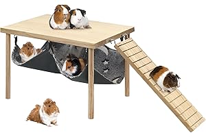 Baanfly Guinea Pigs Hammock with Wooden Stand, Wooden Guinea Pig Hanging Swing Bed with Stairs, Durable Guinea Pig Hideout for Hamster Piggies Chinchilla Rat Bunny Sleeping Playing (Luminous Design)