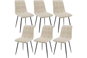 JIJIAN Set of 6 Dining Chairs, Linen Kitchen and Living Room Seating With Upholstered Seat Backrest, Sturdy Black Metal Legs, Checkerboard Pattern (Beige)