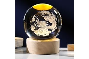 Arikyrist 3D Dragon Figurines Crystal Ball with Wooden Base, 3D Laser Engraved Dragon Statue Decorative Glass Balls Paperweight Crystal Chinese Dragon Figurines Decor Gifts for Women