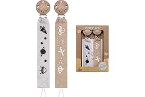 TYRY.HU Attache Sucette pour bébé,Lot de 2 Pièces,Chaîne Sangle Souple Unisexe pour Nouveau-né Cadeau Universel pour Garçons et Filles Voiture Avion Fusée Terre Cosmique(Kaki+Gris)