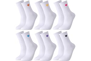 Utensilsto 6 Paar Tennissocken Damen 39-42 Sportsocken Weiß Socken mit Herz Motiv Baumwollesocken Weisse Herzen Lange Damen Socken Crew Socks für Tennis Sport Lauf