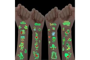 ROMANVIC Tatuaggi temporanei di Natale per Grinch,10 fogli luminosi per bambini, delicati sulla pelle, per feste di Natale, regali di compleanno