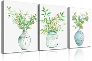 Piy Painting Impression sur Toile de Plantes Vertes de l'aquarelle, Tableau Photo sur Toile Prêt Suspendu Peinture pour Déco d'art Murale en Salle de Bain Cadeau Anniversaire 3x 30x40cm