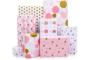 MAMUNU Wrapping Paper Sheets, 12 Sheets Birthday Wrapping Paper for Girls Women Female, Pink and Gold Foil Gift Wrapping Paper Gift Wrap for Birthday, Wedding, Valentine's Day, Party, Baby Shower, 70 X 50CM