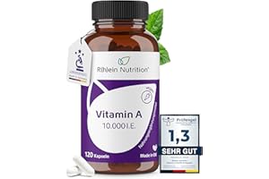 R(H)EIN NUTRITION Vitamin A Hochdosiert 10000 IE - 120 Kapseln 4 Monate Vorrat - Augen Vitamine Retinol - Vegan & Ohne Zusätze in Deutschland hergestellt - Rhein Nutrition