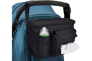 DEARBAG Universal Organizador para Cochecito, Bolsas para Cochecito Accesorios para Bebés con Bolsillo, Cremallera, Correa para el hombro y Espacio de Almacenamiento para Pañales y teléfonos (Negro)