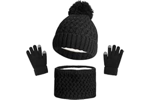 GSrenyu Kids Winter Warm Beanie Hat Scarf Gloves Set,3 in 1 Thermal Knitted Pom Bobble Hat Scarf Gloves Set for Girls Boys 1-6 Children Winter Warm Accessories Set for Outdoor Sports(Black)
