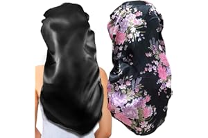 OUOOBEA 2Pcs Long Satin Bonnet Sleep Cap,Extra Large Braids Bonnets for Sleeping,Long Hair,Soft&Comfortable Elastic Band Bonnets for Women Night Sleep,Hair Bonnets for Women Satin (Black+Pink Pattern)