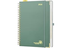 POPRUN Agenda 2026 Dia Por Pagina Espiral 22x30,5 cm, Tapa Dura en Planificador diaria 12 Meses de Ene 2026 a Dic 2026, Regla de Plástico, 80 GSM Papel EU, Verde Medianoche