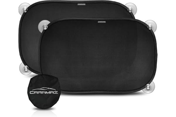CARAMAZ Pare-Soleil Voiture bébé avec Protection UV certifiée, Universel 48 x 30 cm, 2 pièces Pare-Soleil, avec ventouses