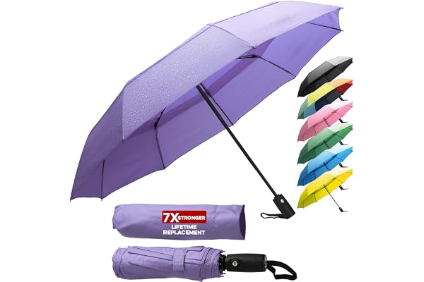 Compact Travel Umbrella - Small Backpack & Purse Umbrellas, Automatic Umbrellas, Umbrella, Windproof, Reinforced Fiberglass Ribs, Water-Repellent Teflon