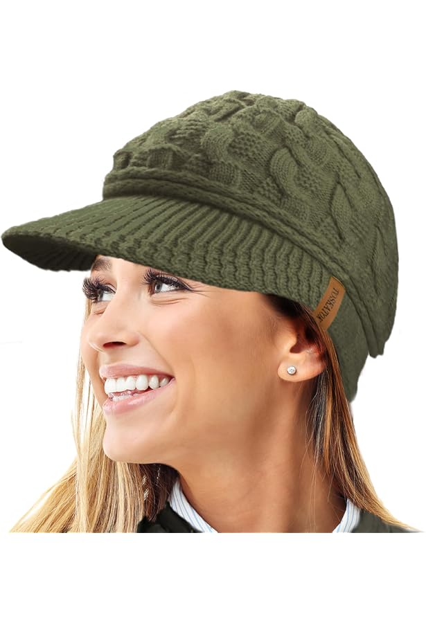 AYPOW Bonnet Hiver Femme – Doublé Polaire, Tricoté Chaud Avec Bord, Visor Beanie Thermique