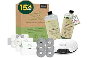 ‎GRASHÜPFER GRASHÜPFER® Roborock Qrevo/Saros 10R Sorglospaket – 2x Öko-Bodenreiniger (Zitrusblüte & Tropisch) + 3 Wiederverwendbare Staubbeutel + 6 Waschbare Wischpads – Zubehör & Ersatzteile für Wischroboter