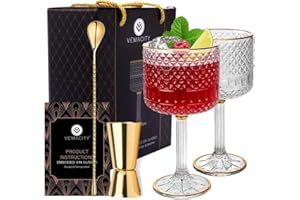 VEMACITY Set Bicchieri Gin Tonic di Lusso | 2 Bicchieri con Decorazioni Dorate (450ml) | 3 Bordi Oro, Cucchiaio Bar e Misurino | Kit Gin Tonic Regalo | Bicchiere per Aperitivo | Ideale per Natale e Capodanno