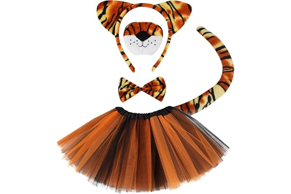 ACWOO 5 stycken tiger kostym set, barn, djurförklädnader, tigerpannband, tigersvans, näsa, fluga, tutu kjol, tiger djur kostym för halloween cosplay