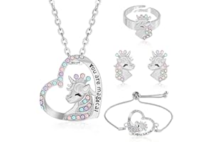 LXONTSG Unicornio Conjunto de Joyas para Niñas,4 Pcs Conjuntos de Joyas de Unicornio,Collares de Unicornio para Niña, Juego de Joyas de Unicornio Incluyen Collares, Anillos, Pulseras, Pendientes