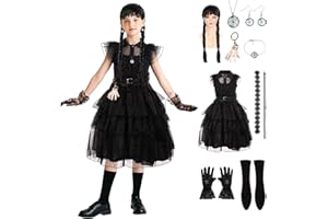SINSEN Wednesday Addams Kostüm Kinder,Wednesday Addams Kleid Mädchen Wednesday Cosplay Kostüm Mit Zubehör Halloween Cosplay Faschingskostüme Outfit