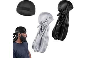 ZSRVAJ 3-Piece Durag Wave Cap Set - Ultra-Soft 360 Satin Headwrap with Extra Long Tails for Men and Women in Black