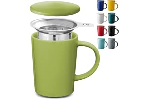 Cosumy Te kopp med sil och lock - Gul keramik - håller sig varm länge - 400 ml stor - diskmaskinssäker (Matcha