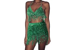 FEMEREINA Women´s Sexy Rave Fringe Belly Tassel Mini Skirt Dance and Sequins Bra Top Party Club Costume Carnival Outfits