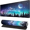 Brecoy Extended Gaming Mouse Pad, XL Large Keyboard Mouse Mat Desk Pad, Stitched Edges Mousepad, 3mm Thick Long Non-Slip Rubber Base Mice Pad, 31.5 X 11.8 Inch, Forest Moon Galaxy