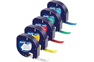 MARKFIELD 5 Pack Compatible with Dymo LetraTag Tape Plastic Colorful Label Tape-12 mm x 4 m Roll, Multicolour Lable for LT-100H LT-100T XR 200B, Black on White/Yellow/Red/Blue/Green for Dymo LetraTag Refills