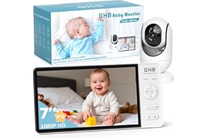 GHB Baby Monitor Video e Audio 7'', 350°/100° Rotante, 5000mAh IPS Schermo, Rilevamento della Temperatura, Visione Notturna, Modalità VOX, Interfono Bidirezionale, Ninna Nanna
