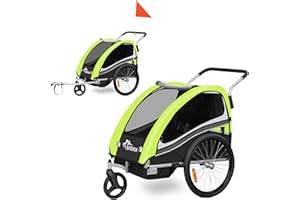 SAMAX Remorque Vélo Convertible Jogger 2en1 360° Rotatif pour 2 Enfants Amortisseur Transport Poussette en Vert - Black Edition